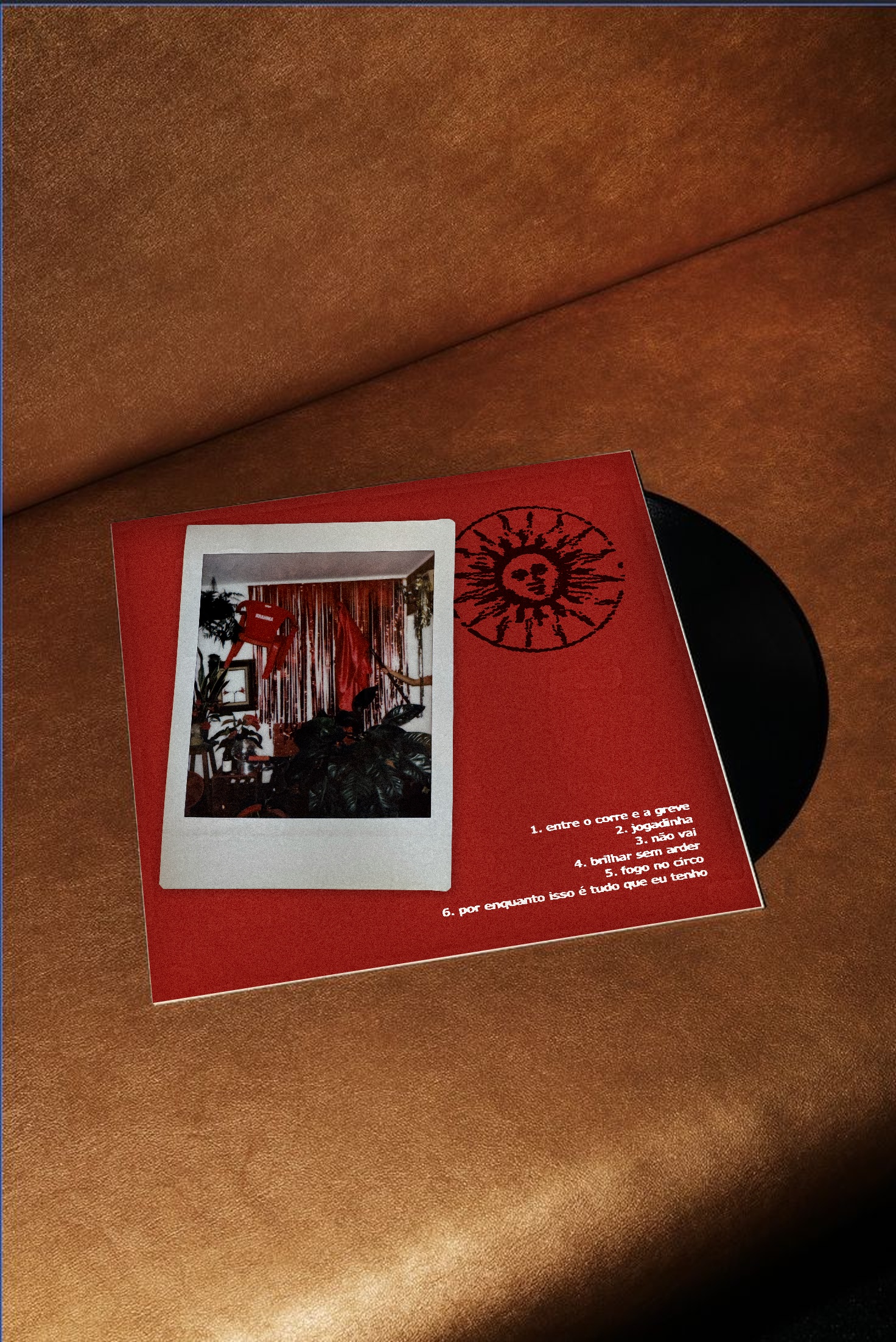 Mockup do disco de vinil com a contracapa do EP e a lista de faixas